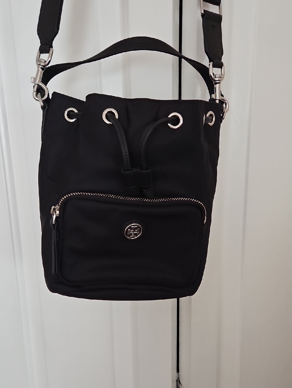 Tory Burch Black Nylon Drawstring Crossbody Virginia Bucket Bag